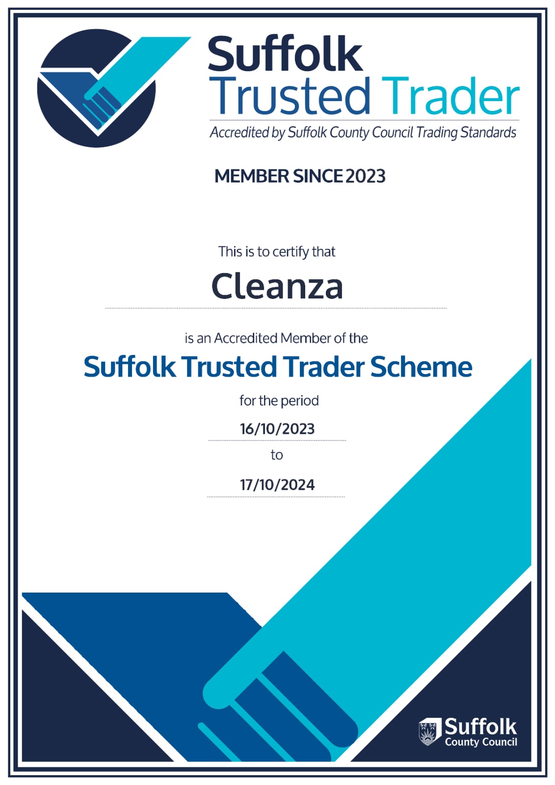 Cleanza Suffolk Trusted Trader accreditation certificate